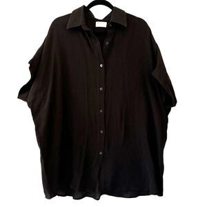 GILLIA Black Button Up Cotton Gauze Short Sleeve Oversized Lagenlook Blouse S